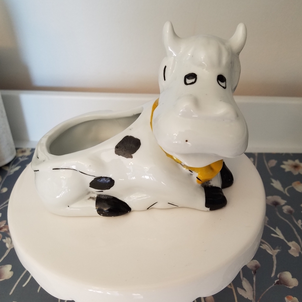 Handpainted Cow Ceramic Holder Planter Country Farm Cottage